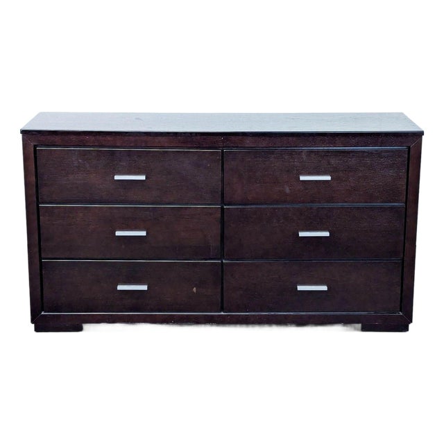 Modern 6-Drawer Dark Wood Dresser With Silver Handles For Sale