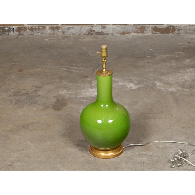 Apple Green Porcelain Vase Table Lamp on Gilt Base, Wired for the USA For Sale - Image 4 of 9