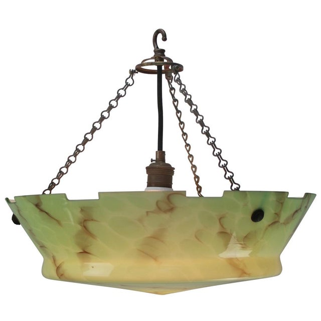 Art Deco Pendant Lamp in Brass and Green Glass, France, 1920s For Sale - Image 3 of 8