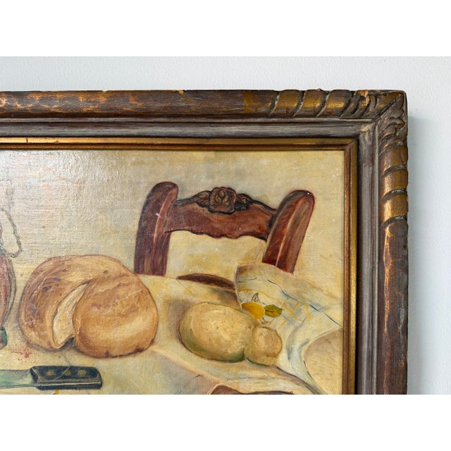Wood 1949 Vintage Still Life Kitchen Setting Oil on Board Painting, Wood Framed For Sale - Image 7 of 12