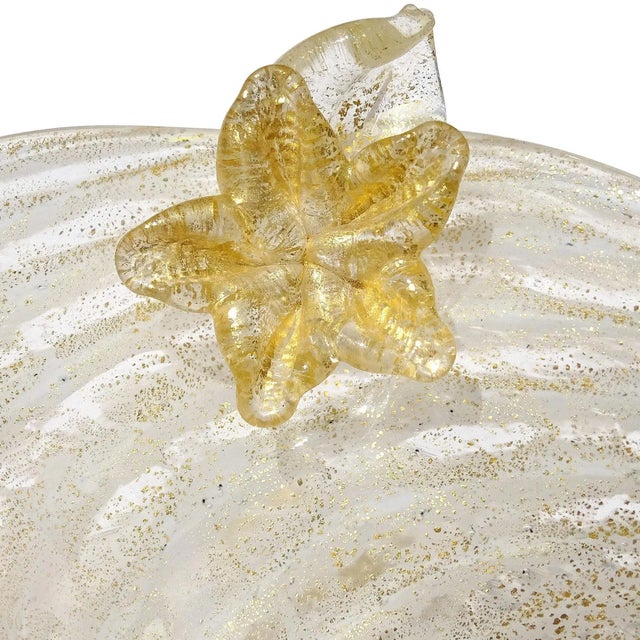 Glass Vintage Murano Gold Flecks White Swirl Italian Art Deco Style Glass Applied Flowers Fan Shape Vase For Sale - Image 7 of 10
