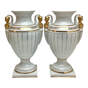 Beautiful Pair Neoclassical Porcelain Gold & White Female Figural Urns