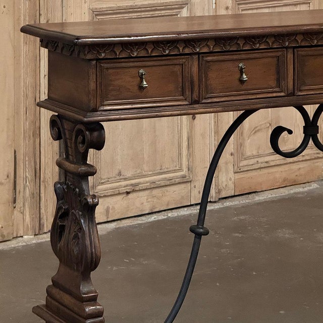 Mid 20th Century Mid Century Spanish Walnut Sofa Table ~ Console With Hand Forged Iron Stretcher For Sale - Image 5 of 18