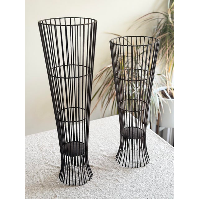 Mid-Century Modern Pair of MCM Mid Century Modern Sculptural Vintage Atomic Modern Black Wire Plant Stands in the Style of Arthur Umanoff Indoor Outdoor For Sale - Image 3 of 12