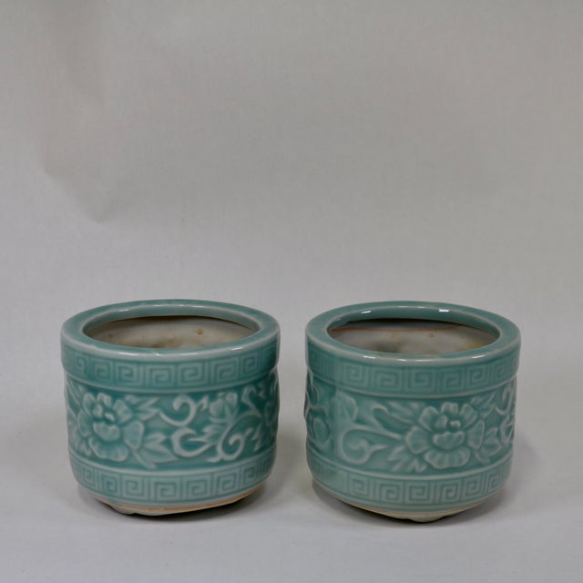 Asian Antique Late 20th Century Celadon Small Planter/Brush/Incense Pot-a Pair For Sale - Image 3 of 11