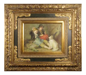 Children With Dog - Signed Oil Painting in Prunkrahmen