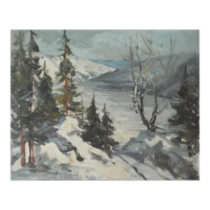 Vintage Norwegian Snowy Winter Forest Landscape Painting