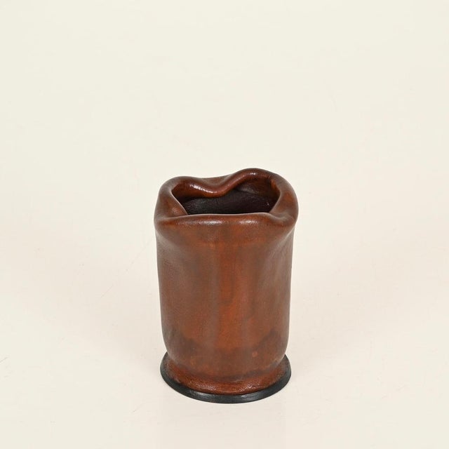 Italian Brown Curved Leather Pen Holder by Nova Tecno, Italy, 1950s For Sale - Image 3 of 12