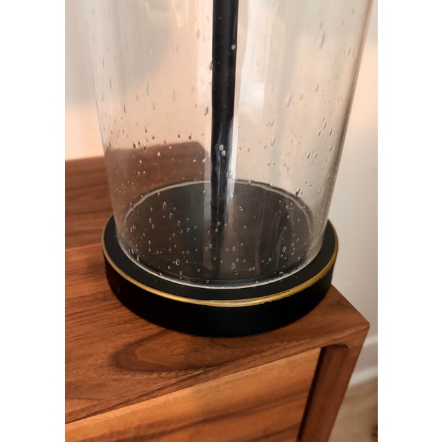 Contemporary 1990s Organic Modern Seeded Glass and Matte Black Table Lamps With Linen Drum Shades Included - Pair For Sale - Image 3 of 8
