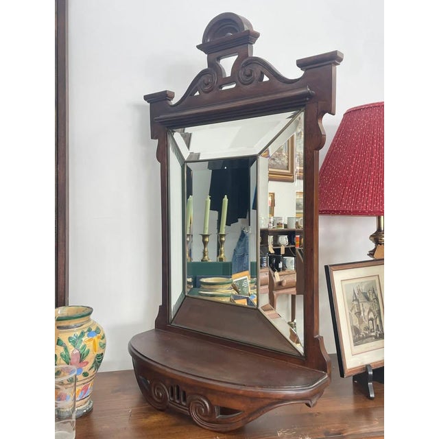 American Early 20th Century Colonial Revival Beveled Wood Mirror With Shelf - 35′′ Tall For Sale - Image 3 of 8