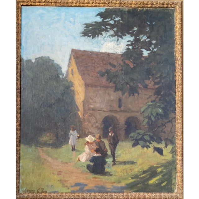 We are selling this nice English oil on canvas painting of a genre scene. This scene appears to be school aged kids...