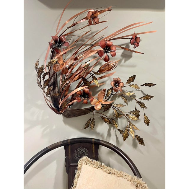 America 80’s Signed Copper & Metal Oak and Orchid Wall Art Sculpture For Sale - Image 4 of 8