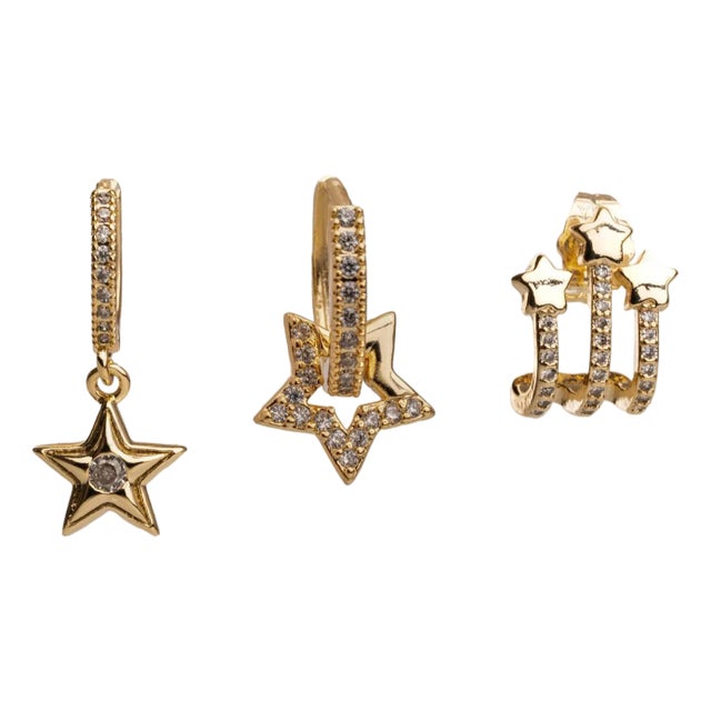 Trio Gold & Diamond Sparkly Star Earrings, 3 Pieces For Sale