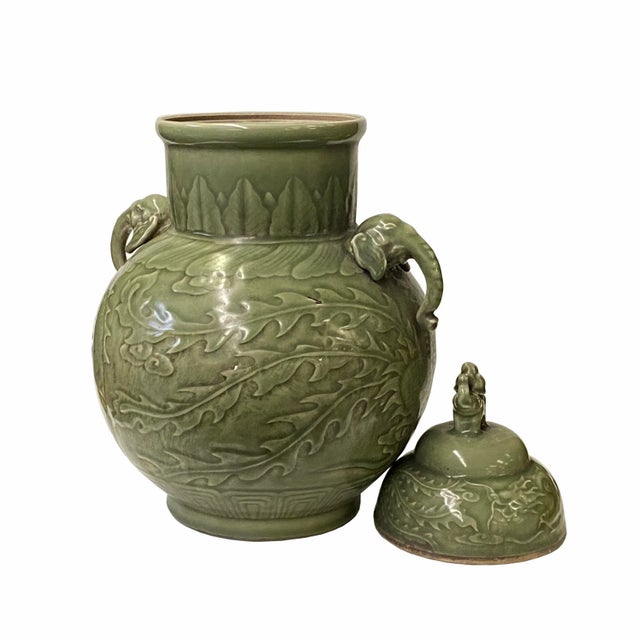 Chinese Ancient Style Celadon Ceremonial Jar With Dragon Phoenix Motif For Sale - Image 4 of 7
