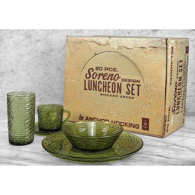 Mid-Century 20pc Avocado Green Glass "Soreno" Luncheon Serving Bowl & Cup Set, c.1950's - Pairs Nicely with Many Mid-...