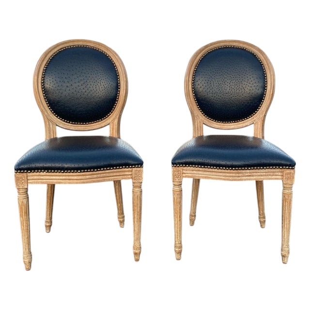 Pair of Elegant French Country Round Back Louis XVI-Style Side Chairs in Genuine Black Ostrich Leather For Sale