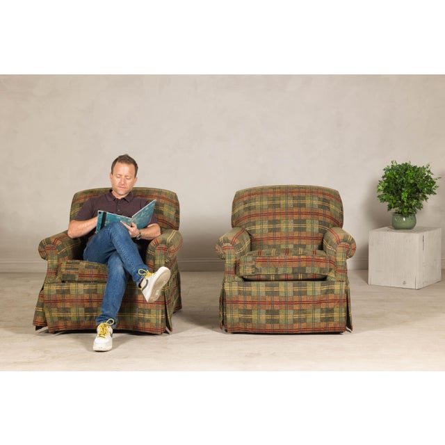 Pair of Kravet Plaid Upholstered Club Chairs with Skirted Base for Cozy Seating For Sale In New York - Image 6 of 12