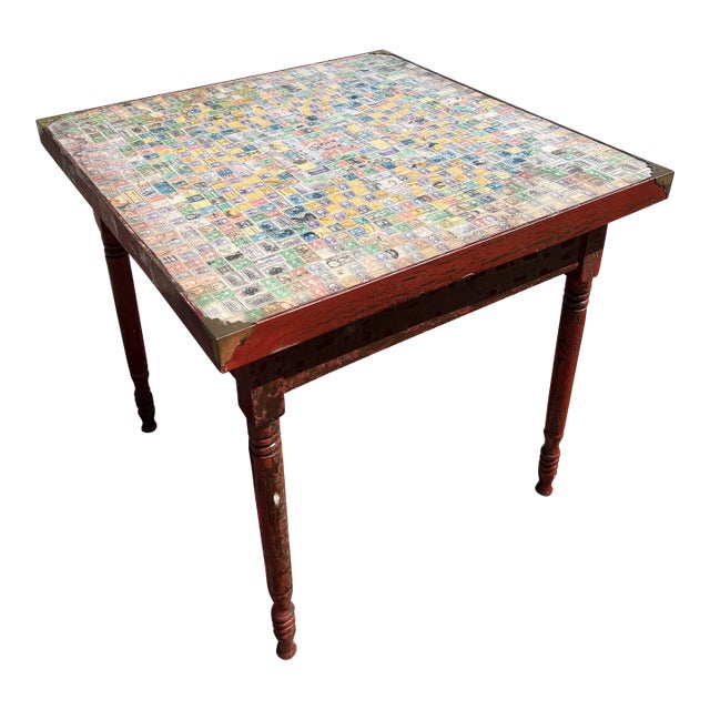 Antique Pennsylvania Folk Art Postage Stamp Decoupage Game Table, 1938 For Sale