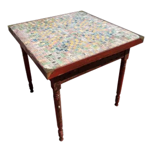 Antique Pennsylvania Folk Art Postage Stamp Decoupage Game Table, 1938