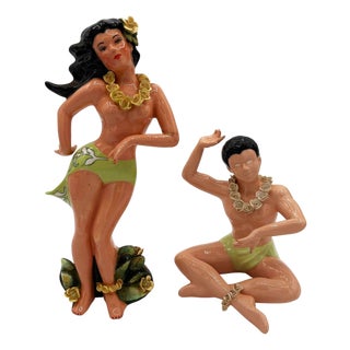 Mid 20th Century Hawaiian Hand Painted Hula Girl & Surfer Male Ceramic Statue, Pair For Sale