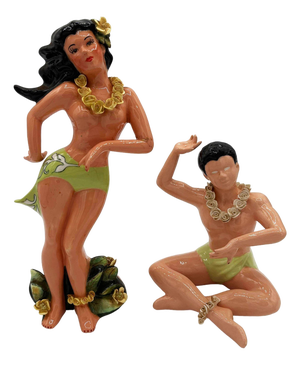Mid 20th Century Hawaiian Hand Painted Hula Girl & Surfer Male Ceramic Statue, Pair