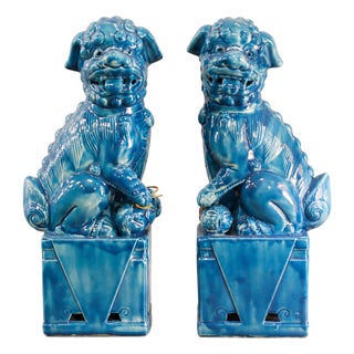 Foo Dog-Shaped Bookends in Turquoise Glazed Ceramic, 1970s, Set of 2 For Sale
