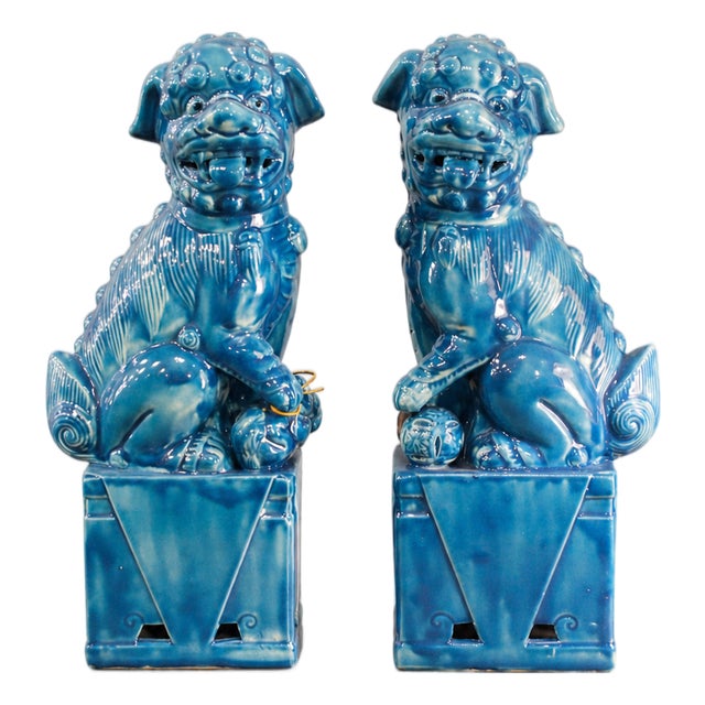 Foo Dog-Shaped Bookends in Turquoise Glazed Ceramic, 1970s, Set of 2 For Sale