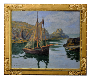 Achille Bron, A Small Boat in a Cove, La Côte Sauvage, 1920s, Oil on Canvas, Framed