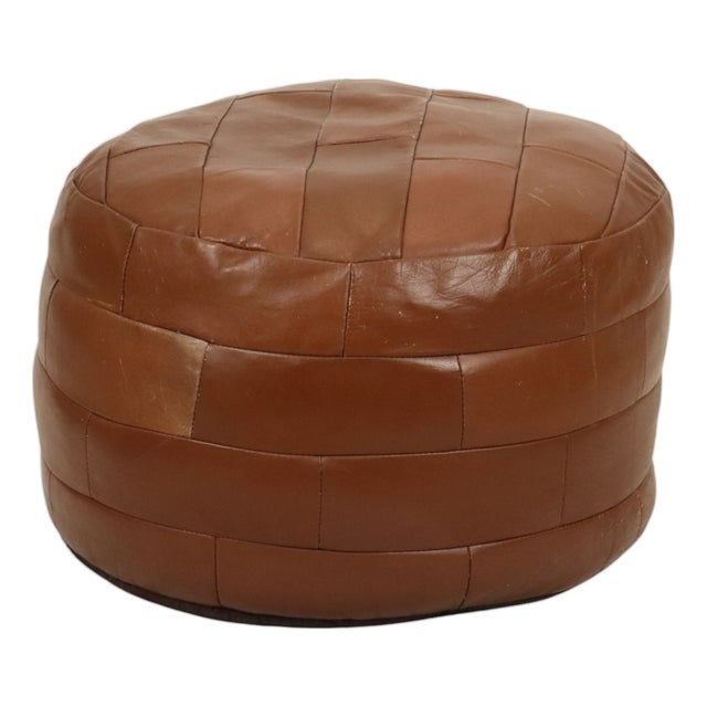 Vintage Round Faux Leather Ottoman, 1970s For Sale