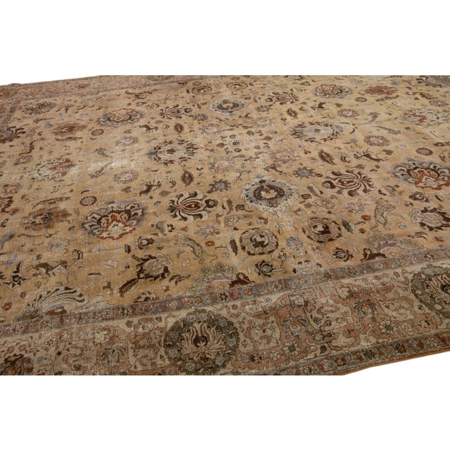 Antique Tabriz Handmade Brown Persian Wool Rug With Floral Motif For Sale In New York - Image 6 of 7