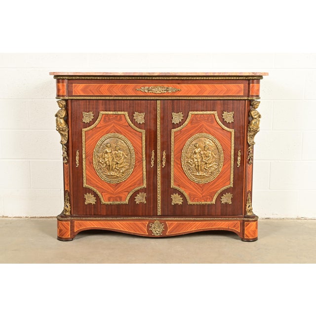 Paul Sormani Style French Napoleon III Mahogany and Kingwood Marble Top Buffet Server or Bar Cabinet With Mounted Gilt Bronze Ormolu For Sale - Image 16 of 16