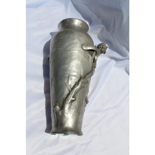 Antique Style Art Nouveau Silvered Bronze Moreau Cherub Vase For Sale - Image 4 of 7