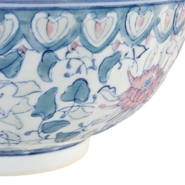 Ceramic Vintage Chinoiserie Porcelain Bowl With Pink and Green Floral Pattern, 10 Inch For Sale - Image 7 of 9