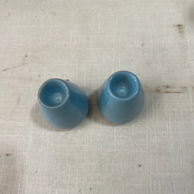 1970s Pair or 1970s Blue Frankoma Lazy Bones Ceramic Candlestick Holders For Sale - Image 5 of 6
