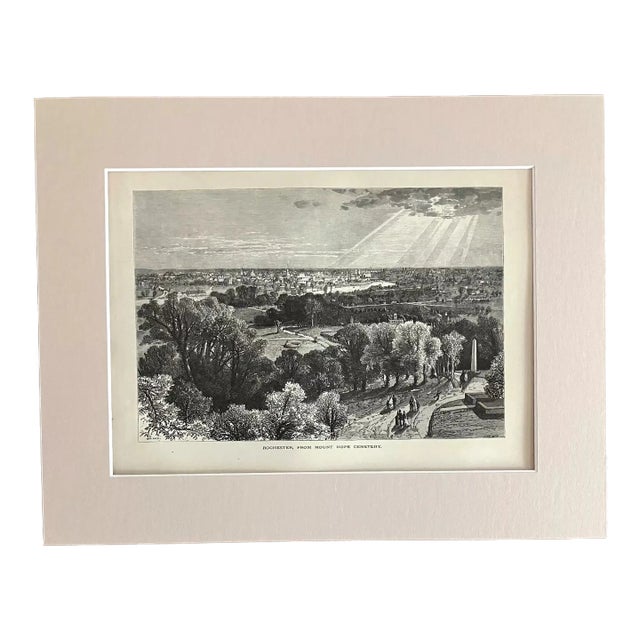 Antique 1874 Wood Engraving, "Rochester, from Mount Hope Cemetery" MN 11x14 Mat For Sale