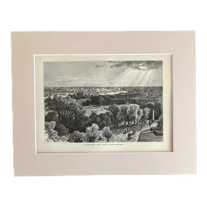Antique 1874 Wood Engraving, "Rochester, from Mount Hope Cemetery" MN 11x14 Mat