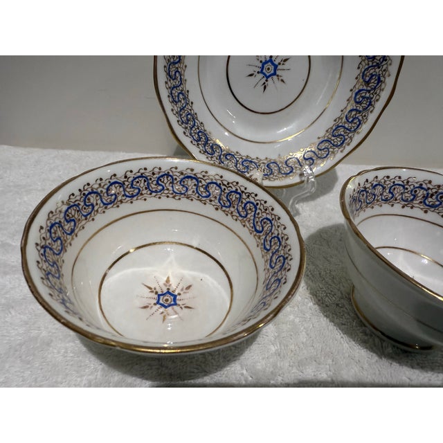 Art Deco Antique Blue and Gold Two Tea Cup & One Saucer Set Porcelain For Sale - Image 3 of 12