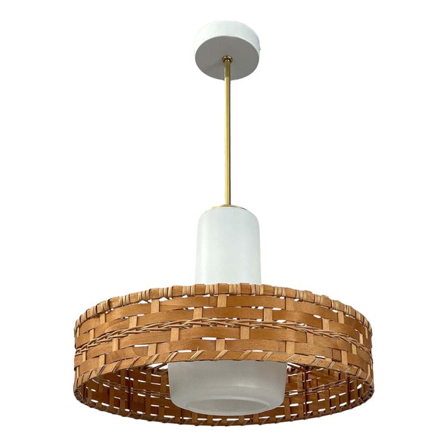 Rattan and Frosted Glass Pendant attributed to Doria, Germany, 1960s For Sale