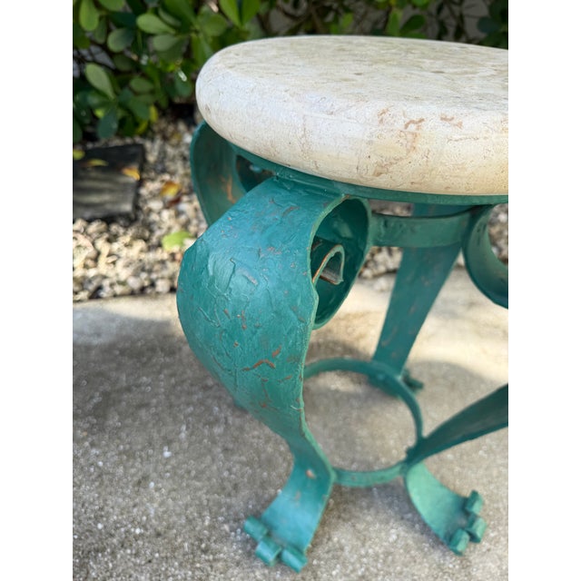 Turquoise Vintage Hand-Painted Iron Side Table With Travertine Top For Sale - Image 8 of 12