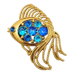 Vintage Signed Napier Goldtone Faux-Sapphire & Faux-Aquamarine Fish Brooch