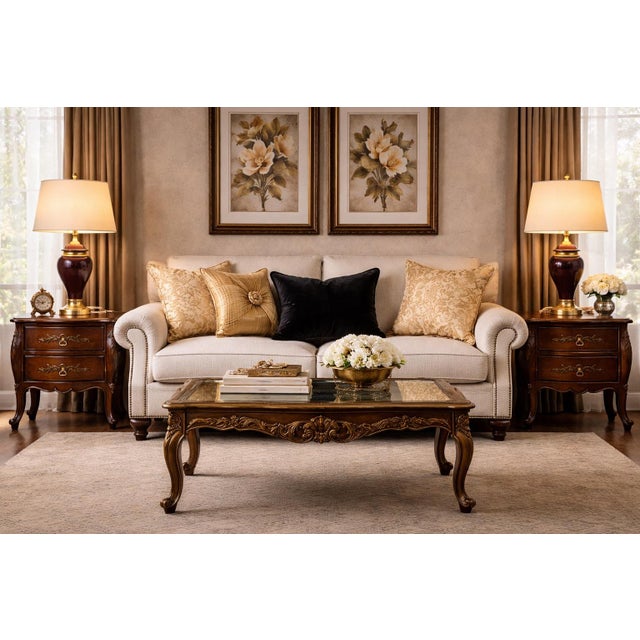 A stunning pair of mid-20th century French Provincial bombe nightstands, crafted from solid American black walnut and...