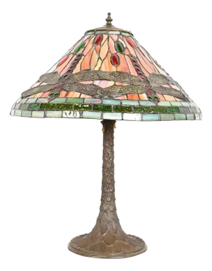 Tiffany Studios Style Arts & Crafts Bronze Table Lamp With Dragonfly Shade