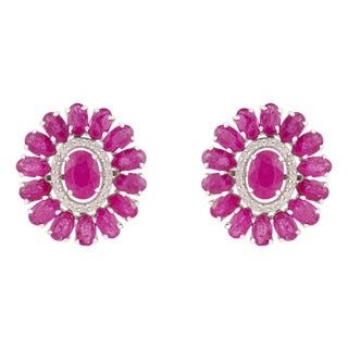 Luxury 10.21ct Ruby Bloom Diamond Halo Statement Stud Earrings in 14k Gold- A Pair For Sale