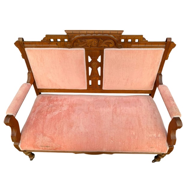 Late 19th Century Pink Parlor Set of Victorian Settee + 2 Chairs With Burl Veneer For Sale - Image 4 of 11