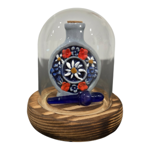 Vintage German Zwiefacher Schmalzlerfranzl Stoneware Snuff Bottle With Cobalt Stopper & Glass Display Globe