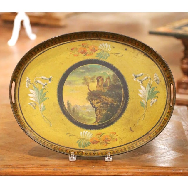 19th Century French Hand-Painted Oval Tole Tray With Romantic Ruins Scene For Sale In Dallas - Image 6 of 10