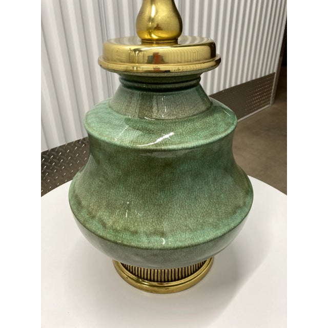 Mid 20th Century Large Size Frederick Cooper Crackle Glazed Porcelain Ginger Jar Table Lamp and Frederick Cooper Barrel Shade - a Pair For Sale - Image 5 of 13