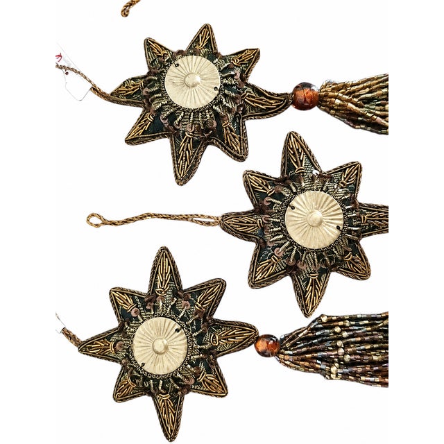 Baroque Set of 6 Ornate Antique Gold Starburst Tassel Christmas Ornaments For Sale - Image 3 of 5