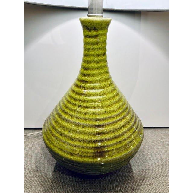 Stylish Arteriors Modern Electric Moss Glaze Terracotta Table Lamp, black fabric shade, showroom floor sample