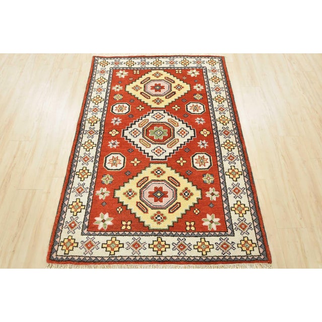 Farmhouse Kazak Rug 4'2'' X 6'1'' Orange Wool Tribal Hand-Knotted Oriental Carpet For Sale - Image 3 of 12